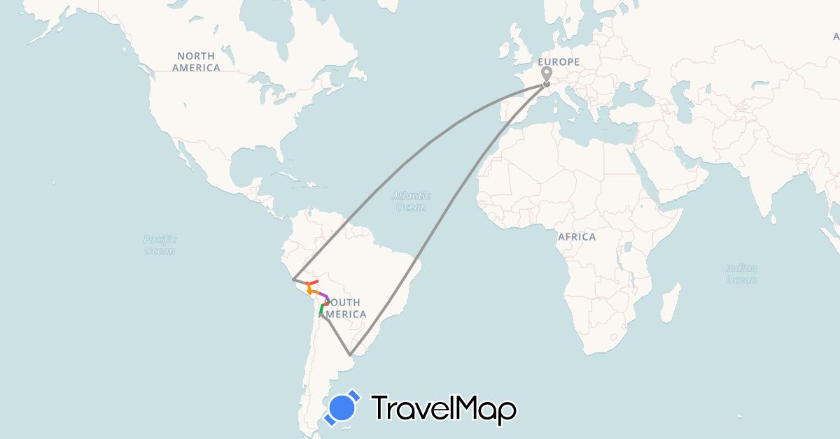 TravelMap itinerary: driving, bus, plane, train, hiking, hitchhiking in Argentina, Bolivia, Switzerland, Chile, Peru (Europe, South America)